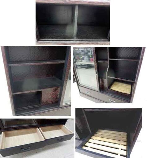レトロ 鎌倉彫 水屋箪笥 花模様 85×35×100 飾り棚 茶箪笥 和家具 漆塗り 茶棚 木製 札幌 西野店