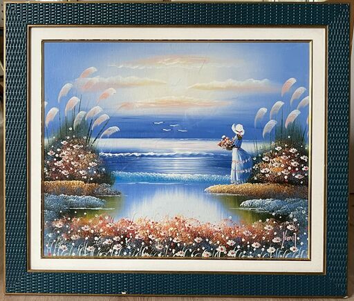 【額装】　絵画　油彩画　yumi 　海辺と少女　サイン有　額寸：縦58.5㎝×横68.5㎝×厚み1.5㎝