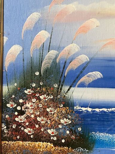 額装】 絵画 油彩画 yumi 海辺と少女 サイン有 額寸：縦58.5㎝×横68.5