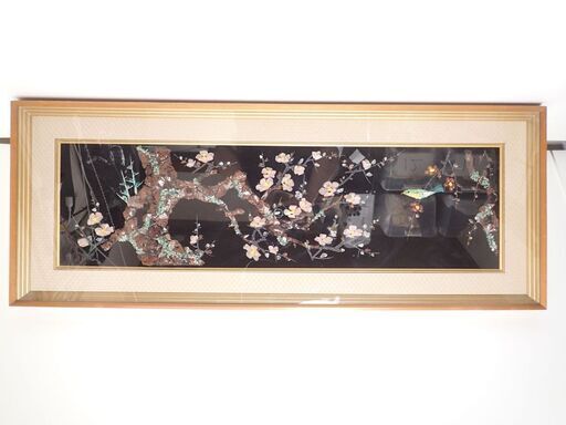 CC884 ストーンアート 貴石画 宝石画 黒曜石 梅 ウグイス