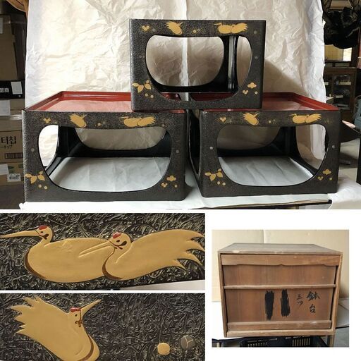 F220 懐石膳 3客セット(大・中・小) 木製 漆塗 蒔絵 木箱入り 脚付懐石膳 膳 御膳 懐石道具