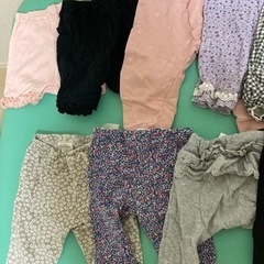 まとめ売り17枚1500円、子ども、ズボン、1歳、2歳、女の子、サイズ70〜95、黒、ピンク、ウサギ、花、ハート、スイカ、さくらんぼ、リボン、紫、緑、白、グレー、青、可愛い、の画像