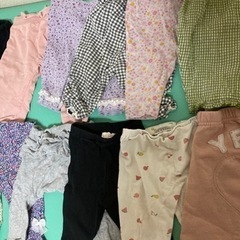 まとめ売り17枚1500円、子ども、ズボン、1歳、2歳、女の子、サイズ70〜95、黒、ピンク、ウサギ、花、ハート、スイカ、さくらんぼ、リボン、紫、緑、白、グレー、青、可愛い、の画像