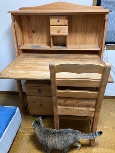 【一時停止】カントリー調 木製学習机・ワゴン・いす3点セット 机と棚・天板分離可 ナチュラルウッド