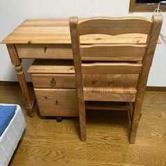【一時停止】カントリー調 木製学習机・ワゴン・いす3点セット 机と棚・天板分離可 ナチュラルウッドの画像