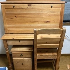 【一時停止】カントリー調 木製学習机・ワゴン・いす3点セット 机と棚・天板分離可 ナチュラルウッドの画像