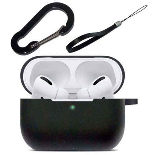 最新版 AirPods Pro ケース カバー 黒 新品 カラビナ ストラップ付 エアポッズ プロ 専用ワイヤレス充電可 前面LEDが見える 正規品 Apple アップル Bluetooth ワイヤレスイヤホン