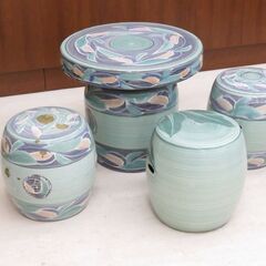 北海道 千歳市/恵庭市 近郊配送可能 陶器 ガーデンテーブル 4点セット 庭テーブル  剥げ箇所多々あり 店頭でのお受渡し大歓迎