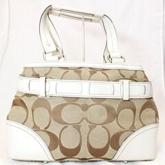 COACH　コーチ シグネチャー ハンプトンズ ミディアム ハンドバッグ 10262　キャンバス レザー ベージュ レディースの画像