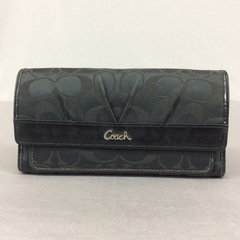 COACH コーチ 黒レザー×シグネチャー 3つ折長財布