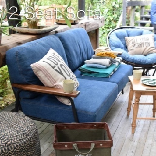 定価七万の2人掛けソファー／スチール／帆布／デニム／合皮／ヴィンテージ／アンティーク／W151cm×D78cm×H77cm×SH41cm