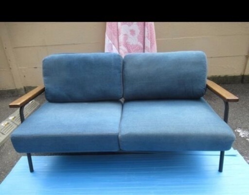 定価七万の2人掛けソファー／スチール／帆布／デニム／合皮／ヴィンテージ／アンティーク／W151cm×D78cm×H77cm×SH41c