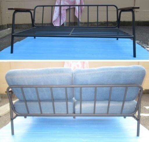 定価七万の2人掛けソファー／スチール／帆布／デニム／合皮／ヴィンテージ／アンティーク／W151cm×D78cm×H77cm×SH41c