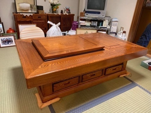 欅無垢材　囲炉裏型座卓　長火鉢　銅壺付