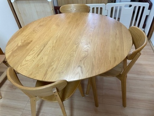 大川家具　丸　ダイニングテーブル　4脚　椅子　セット