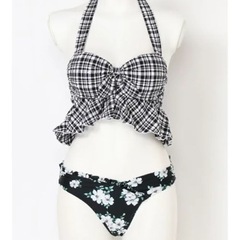 新品未使用　PR01. フクレチェック × フラワープリントbikini*  水着　ブラックの画像