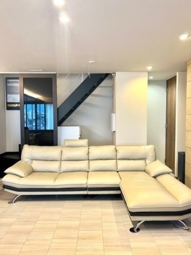 9/21まで/兵庫芦屋/本皮 L字ソファー ベージュ シルバー足