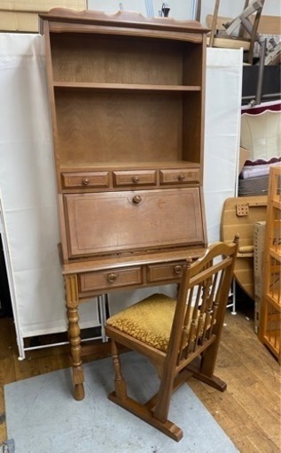 R306 オールドアンティークライティングビューローデスク 椅子 幅79cm
