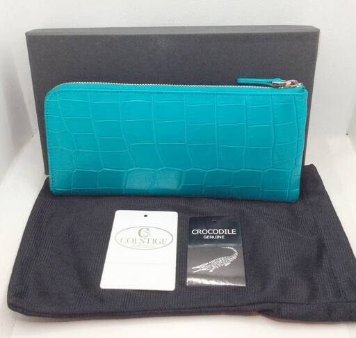 【美品】COLSTIGE クロコダイル 革財布 L字ファスナー ターコイズブルー 未使用品
