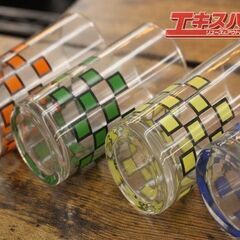 昭和レトロ　HOYAガラス　ホヤガラス　ギンガムチェック柄　グラス　5客セット  エキスパート藤沢辻堂の画像