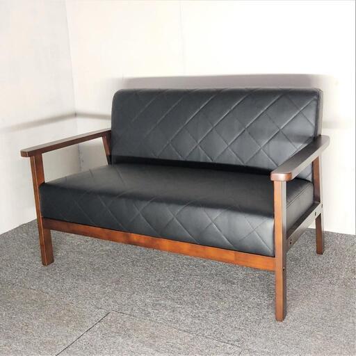 新品 アウトレット 木肘 2人掛け ソファー  ブラック