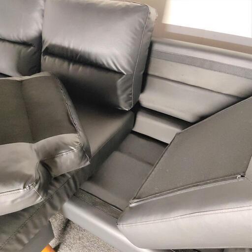 新品 アウトレット 3人掛け カウチソファー オットマン レザー ブラック 着脱マジックテープ