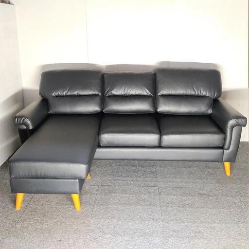 新品 アウトレット 3人掛け カウチソファー オットマン レザー ブラック 着脱マジックテープ