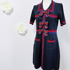 【新品未使用】ニットワンピース　秋ワンピ　春秋　大きいサイズ　リボン　シャネル風　半袖ワンピースの画像