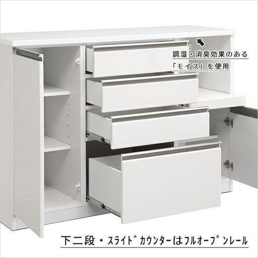 未使用 モイス付き 140cm幅キッチンカウンター ホワイト ハイグロス 光沢ツヤあり 