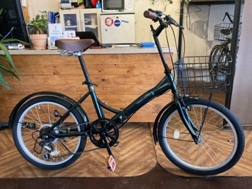 【6段変速】カゴ付き　20インチ折りたたみ自転車　モスグリーン
