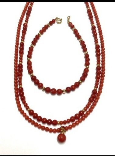 K18 天然血赤珊瑚ネックレス　ブレスレット 3 set