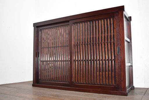 【ヤ取終了6/2】≪zy694≫極美品 アンティーク調/レトロ感/昭和感 格子ガラス引戸 箪笥/戸棚/サイドボード リビング/和室 40917-01