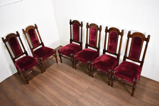 【ヤ取終了7/1】≪zy703≫良品 ナガノインテリア イギリス アンティーク調 ハイバック ダイニングチェア 6脚セット 飾鋲 40918-03