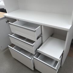 レンジボード 幅140㎝ 白エナメル×黒ガラス 大型 キッチンボード 食器棚 ホワイト　西岡店 