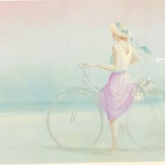 【額装】　絵画　Pierre Polignac　”Donna con bicicletta”　自転車を持つ女性　印刷？　直筆サイン有　額：縦47.5㎝×横62.5㎝×厚み2㎝の画像