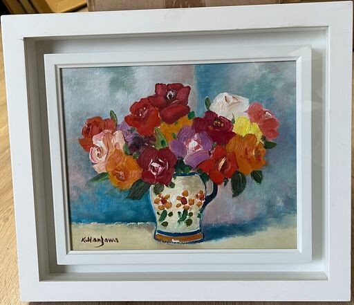 【額装】　絵画　油彩画　半澤国雄　花　額寸：縦32.5㎝×横38㎝×厚み5㎝