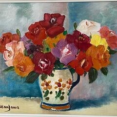 【額装】　絵画　油彩画　半澤国雄　花　額寸：縦32.5㎝×横38㎝×厚み5㎝の画像