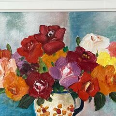 【額装】　絵画　油彩画　半澤国雄　花　額寸：縦32.5㎝×横38㎝×厚み5㎝の画像