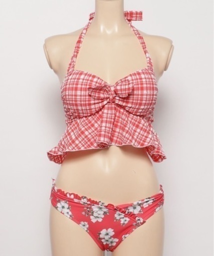 新品未使用　PR01.   フクレチェック × フラワープリントbikini　水着　レッド