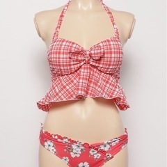 新品未使用　PR01.   フクレチェック × フラワープリントbikini　水着　レッドの画像