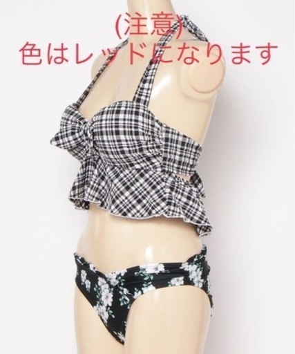 新品未使用　PR01.   フクレチェック × フラワープリントbikini　水着　レッド