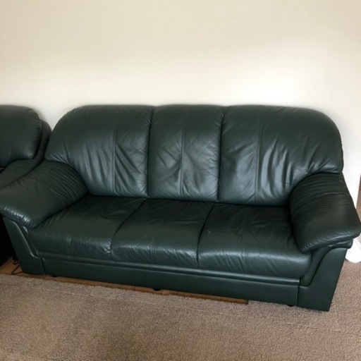 ダークグリーンレザー本革ソファー(3人掛け)