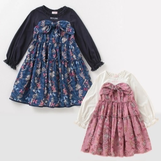 メゾピアノ mezzopiano 楽器×クマ柄ドッキングティアードワンピース ピンク ブルー 110 120 130 140cm 長袖