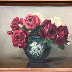 【額装】　絵画　油彩画　花山（カザン）「静物」　サイン有　額：縦51㎝×横60㎝×厚み8㎝の画像