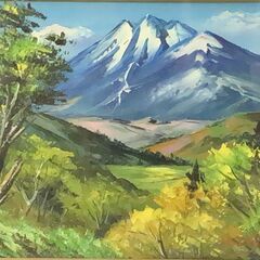 【額装】　絵画　油彩画　羽沢清水　「岩木山」　サイン有　額：縦52㎝×横61㎝×厚み5㎝の画像
