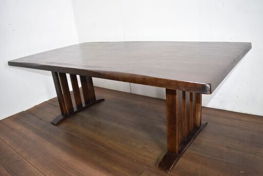 【ジモ取引終了8/3】≪zy717≫アンティーク調/ヴィンテージ 6～8人用 耳付き ダイニングテーブル 脚幅変更可 ダークブラウン 40924-07