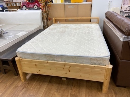R019 パイン材 天然木 ダブルベッド マットレス付、幅140cm