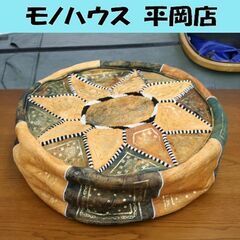 クッションカバー グリーン系×ブラウン系 レザー 円形 直径47...