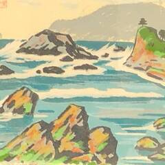 【額装】　絵画　油彩？水彩？　色紙　五味悌四郎　「式根島風景」 落款・サイン有 額装　額：縦41㎝×横38㎝×厚み2㎝の画像