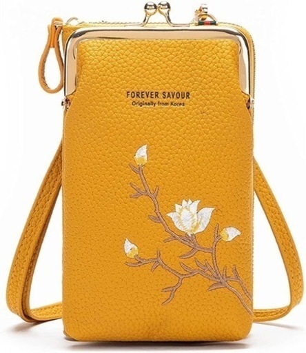 ミニショルダーバッグ 財布 ウォレット バッグ 花 レザー がま口 イエロー